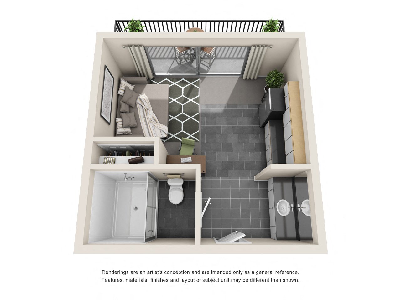 Floor plan for studio, 1 bath, 350 sqft
